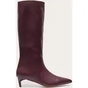 Plum PU Point Toe Low Stiletto Knee High Heeled Boots, Plum