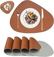 Oval Placemats Set,Faux Leather Placemats Table Mats for Round Table,Dual-Sided Round Place Mats Wipe Clean Washable Non-Slip Heatproof for Kitchen Dining Patio Table(Brown,4 Placemats+4 Coasters)