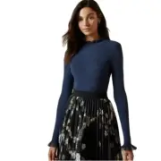 Ted Baker Dvana Frilled Trim Ribbed Sweater Blue Size 2 MSRP: $139.00