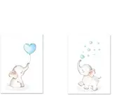Nursery Elephant Balloon Wall Art Poster And Print Nordic Animal Kids Picture Blue Baby Children Girl Bedroom Decor 50x70cmX2PCS Frameless