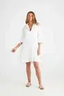 BRAVE & TRUE Dress Woman Size XS White Linen Blend Lined Midi Pockets Ruffle Hem