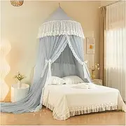 Bed Curtains from Ceiling,Soft Sheer Mesh Beds Canopy with Romantic Lace Trim, 360° All-Round Protection,Elegant Princess Room Decor for Girls(Gray)