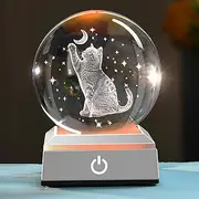 [ZRENJHUS] 3D Cat Crystal Ball Cat Lover Gifts Cat Night Light Glass Cat Lamp with Moon Star Cat Related Sphere Gifts Cat Themed Gifts 80mm Cat Globe Cat Stuff with Colorful Stand