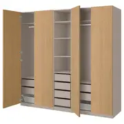 PAX / STORKLINTA wardrobe combination, grey-beige/oak effect, 250x58x236 cm
