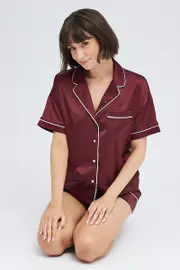 Brown Satin Pj Piping Button Through Pyjama Set - Size L, Women's Pj Set