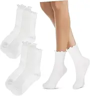 [TENDYCOCO] 3 Pairs Socks Frilly Socks Women Socks Women's Ruffle Socks Women's Crew Socks Ruffled Socks White Cute Socks Loafer Socks Girl Socks Ruffle Socks Polyester Cotton