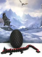 Black Crystal Dragon with Dragon Egg, Articulated Black & Red Fidget Dragon Toy