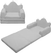 GGIB 2 in 1 Kids Couch Fold Out Toddler Couches Crown Design Kids Sofa Bed Foldable Baby Couch Chairs Convertible Children Sofa Toddler Couch Bed Light Grey