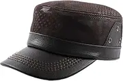 [Lifup] Men's Genuine Leather Military Cadet Cap Army Style Flat Top Cap, Adjustable Snapback Genuine Sheepskin Newsboy Cap