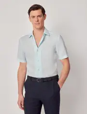 Hawes & Curtis Mint Pure Linen Slim Short Sleeve Shirt | One Piece Collar Size: Small
