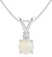 [Angara] Natural Round Opal Solitaire V-Bale Pendant Necklace with Diamond in Sterling Silver/10ct/14ct Solid Gold for Women | October Birthstone Jewellery for Her