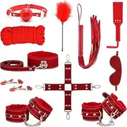 Sex Bondage BDSM Restraints Sex Toys 10 Pcs Set, SM Sex Toy Adult Toys Games Cuffs Gag Blindfold Spanking Paddle Safe Fetish Bed BDSM Kit Cuffs Nipple Clamps Ball Gag Rope Cosplay for Women Couples (Black) (Black red)
