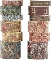 KAVI' S 12 Rolls Kyoto Charm Washi Tape Set Japanese Arts Adhesive Tapes Geometric Garden Decorative Masking Tape Sets for Craft, Kids, Scrapbook, DIY, Gift Wrapping (Crimson Fields)