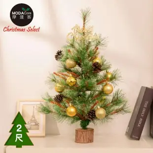 【摩達客】60cm高級開花黃枝松針原木底座聖誕樹/含金球松果配件