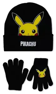 Pokemon Pikachu Youth Boys Black 2-Piece Acrylic Cuffed Beanie Hat & Gloves Set