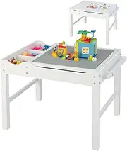 HONEY JOY 2-in-1 Kids Activity Table, Wooden Children Activity Table with Reversible Tabletop, Storage Compartments, Side Bar, Paper Roll, Toddler Table for Playing, Drawing, Reading, White