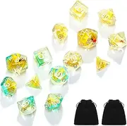 14-Die Dice, Resin Polyhedral Dice Set Filled with Animal, Ice Duck Dice Cool Rubber Ducks Dice Translucent Cute Dice Role Playing Dice with 2 Black Pouches for DND Board Game, Green, Yellow