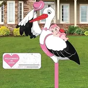 Stork Birth for Outdoors, Rattling Stork for Birth Outside, Welcome Baby, Wooden Stork for Birth, Baby Stork Girl, Baby Stork Birth, Stork and Baby, Wooden Stick + Name Plate Greeting Card