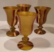 EURO CRISTALL set 4 Wine Goblets Glasses ITALY Handpainted 6.5" Gold Red Footed