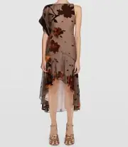 $3465 Dsquared2 Women's Brown Hi Low Hem Devore Asymmetric Floral Dress Size 42