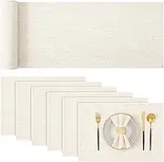 homing Cotton Linen Placemats Set of 6 and Table Runner 90" Long, Cream Washable Cloth Place Mats with Table Runner for Indoors & Outdoors, Easy to Clean
