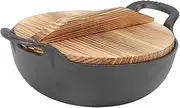 Cast Iron Wok Pan, Uncoated Cookware Wok with 2 Handle Wooden Lid, Deep Frying Pan with Flat Base, Cookware Wok Cast Iron Pan Deep Fryer Pan Cast Iron Pot for All Cooktops (25cm)