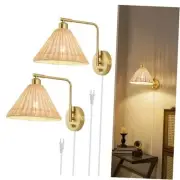 Rattan Plug in Wall Sconces Set of 2, Gold Wall Lamps with Plug in Cord and