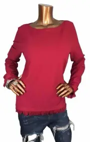 Ann Taylor Loft XL Top Stretch Sweater Magenta Blouse Pullover Fringe Long Slvs
