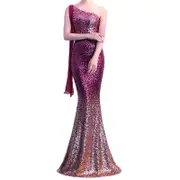 Nevenka Womens Asymmetric Ribbon Gradient Sequin Mermaid Long Prom Dress-Red