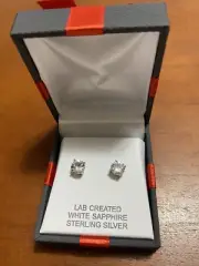 Sterling Silver, Lab-Created White Sapphire Earrings, NEW In Box - Stones= .25”