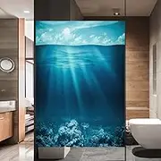 Window Film Privacy Sea Decorative Non Adhesive Static Cling Window Stickers No Glue Frosted Window Clings UV Blocking Heat Control Window Coverings for Home/Office 19.68"x55.11"(50x140cm)