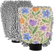 Brown Leopard Print Flowers Car Wash Mitts Microfiber Scratch Free Car Clean Gloves Car Washing Sponges