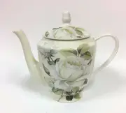 NEW GRACIE STECHCOL WHITE+GREEN ROSE,FLORAL,COFFEE TEA POT TEAPOT-4 CUPS