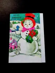 1 VTG Xmas Greeting Card Cute Rabbit Hugging & Blue Bird Chirping To Snow Lady