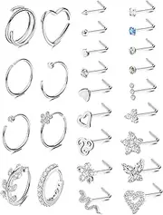 [Kakonia] 26 Pcs 20G Nose Ring Nose Stud Surgical Steel Nose Piercings Set CZ Shiny Septum Piercing Butterfly Snake Nose Studs Piercing Nose Rings Gold Silver Nose Piercings Jewellery for Women Men