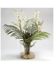 D&W Silks Large Ghostwood Branch With Dendrobium Orchids And Palm Frond in Glass Dish