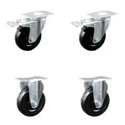 4 Inch SS Hard Rubber Wheel Swivel Top Plate Caster Set 2 Lock Brake 2 Rigid SCC