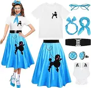 Maiteenly 8 Pcs Women 50s Poodle Skirt Outfit 1950s Dress Sock Hop Shirt Grease Costume Halloween Party Accessory