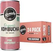 Remedy Pink Grapefruit Kombucha - Organic Sparkling Live Cultured Drink - No Sugar - 24 x 250ml Can Case