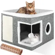 Cat Cube Box Bed Cat House Indoor Cats 2 Cushion Large Cat Cave Scratch Pad Grey