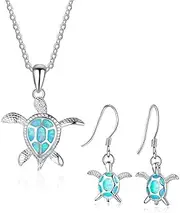 [Choistily] Turtle Necklace Earrings for Women Silver Turtle Opal Pendant Necklace Silver Turtle Opal Earrings Turtle Jewelry Sets for Women