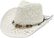 [Generic] Cowboy Hats for Women Classic Straw Cowgirl Beach Hat Music Festival Party Adult Sun Straw Western Cowboy Hats, C-white, One Size, C-white, One Size