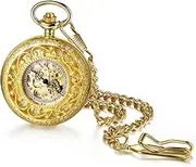 [OIDEA] Automatic Mechanical Pocket Watch: Gold Tone Elegant Carving Flower Roman Numerals Round Dial Pocket Watch with Chain Hanging Sweater Clock Necklace Gifts for Men Women