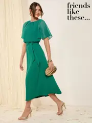 Friends Like These Green Scuba Chiffon Flutter Sleeve Midi Dress (F03448) | $106