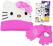 Hat and Mittens Set - Sanrio Winter Gear Bundle with Hello Kitty Beanie, Gloves, Stickers, More | Hello Kitty Gifts for Girls, Kids, Multicolor