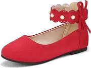 [PANDANINJIA] Girl’s Toddler/Little Kid Sara Bow Ballerina Flats Pearl Scallop Ankle Strap Dress Ballet Flat