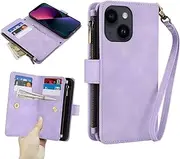 GoshukunTech for iPhone 13 mini Wallet Case with 9 Card Holders,for iPhone 13 mini Case Zipper Coin Pocket PU Leather Flip Cover Kickstand Protective Phone Purse with Wrist Strap-Purple
