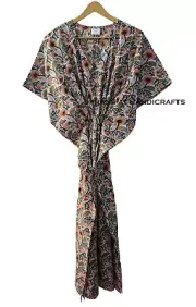 Indian Cotton Summer Sleepwear Floral Print White Long Maxi Women Caftan Dress