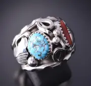 Size 9-1/2 Silver & Turquoise Coral Feathers Navajo Ring by Max Calladitto 4F10M