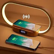 Multi-Functional Touch Control Table Beside Desk Lamp LED Light with Wireless Charger Digital Clock USB Ports Stylish Wooden Base Adjustable Brightness 3 Color Ideal for Bedside Table Desk Home Office